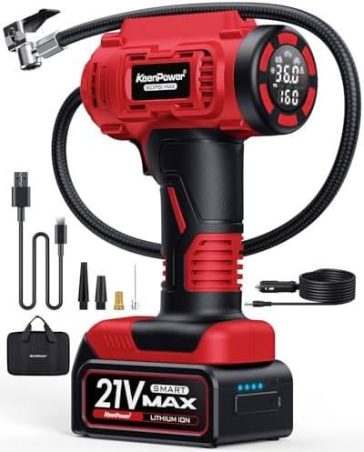 KeenPower Cordless Tire Inflator Portable Air Compressor, 160PSI Car Tire Air Pump, 21V Rechargeable Battery Powered Air Compressor, Dual Power, Larger HD Digital Gauge w/4+N Smart Modes (Yellow)