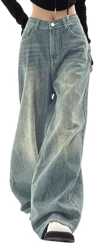 Women's Baggy Jeans Mid-Low Waist Boyfriend Vintage Wide Leg Denim Pants