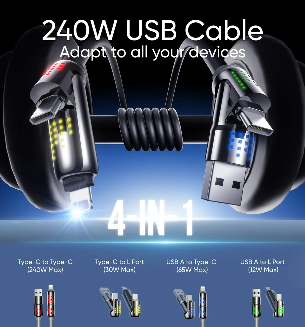 240W 4-in-1 Fast Charging Cable with RGB Glow - USB-A, Dual USB-C & Lightning