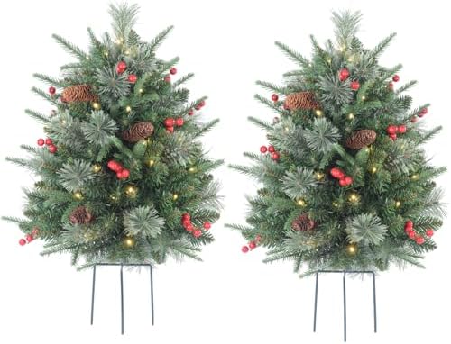 2-Pack 30-Inch Outdoor Prelit Flocked Christmas Trees with 100 LED Battery-Operated Lights