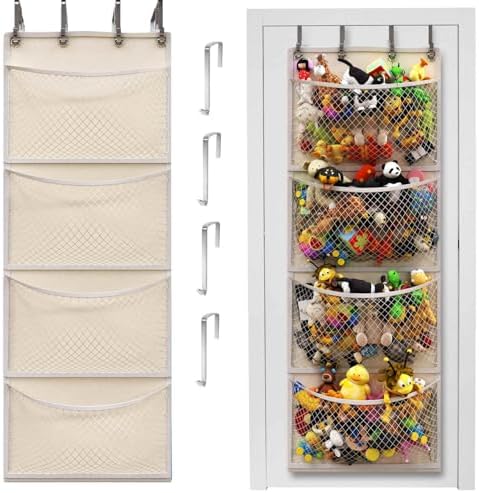Over the Door Stuffed Animal Storage Organizer with 4 Large Mesh Pockets for Plush Toys