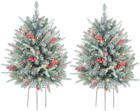 2-Pack 30-Inch Outdoor Prelit Flocked Christmas Trees with 100 LED Battery-Operated Lights