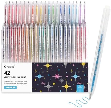 42-Piece Capped Glitter Gel Pen Set with 18 Iridescent & 24 Silver Colors, 1.0mm Rollerball Tip & 5 Coloring Sheets