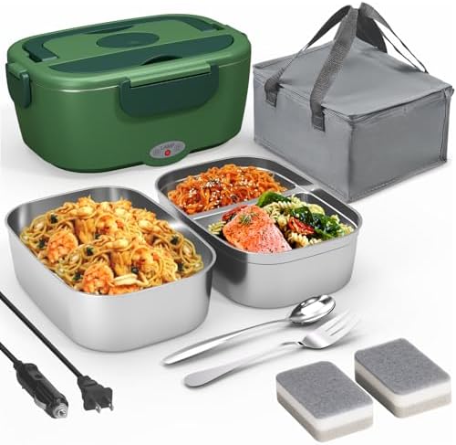 80W Electric Lunch Box with Dual 1.5L Stainless Steel Containers - Portable Food Warmer for Car & Home