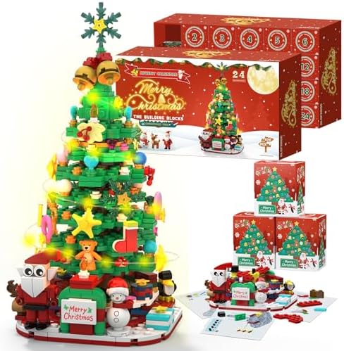 2025 Advent Calendar Christmas Tree Building Blocks with LED Light, 24-Day Countdown Decor