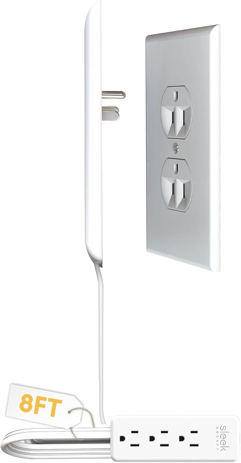Ultra-Thin Flat Outlet Concealer with 3-Outlet Power Strip and 3ft Extension Cord Kit