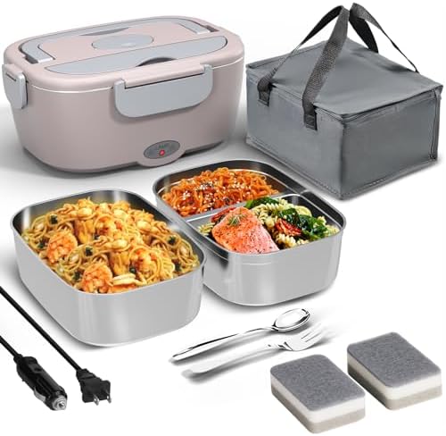 80W Electric Lunch Box with Dual 1.5L Stainless Steel Containers - Portable Food Warmer for Car & Home