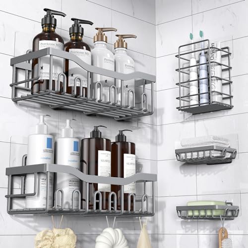 5-Pack Adhesive Shower Caddy, Rustproof Stainless Steel Bathroom Organizer with Large Capacity