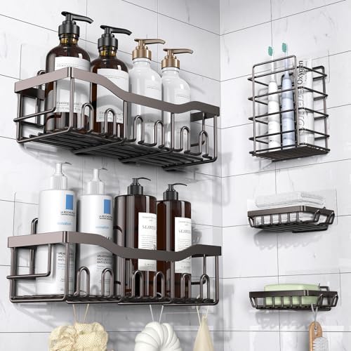 5-Pack Adhesive Shower Caddy, Rustproof Stainless Steel Bathroom Organizer with Large Capacity