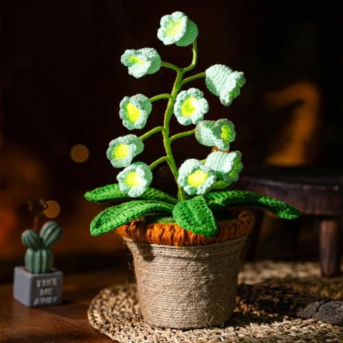 Handmade Crochet Lily of the Valley Night Light with Rattan Planter - Cordless Table Lamp
