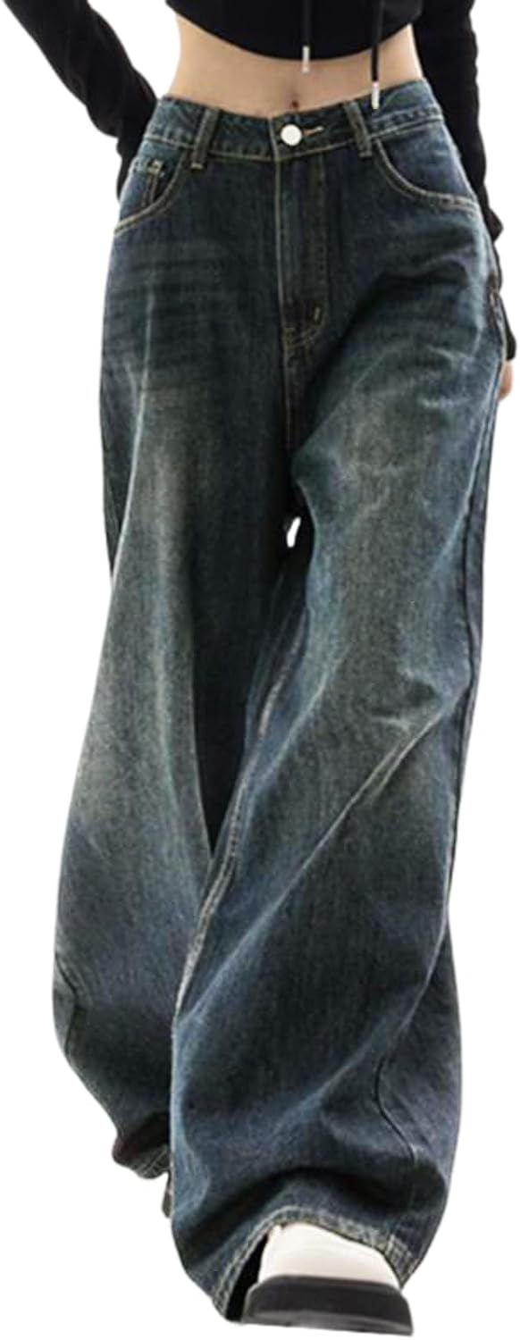 Women's Baggy Jeans Mid-Low Waist Boyfriend Vintage Wide Leg Denim Pants