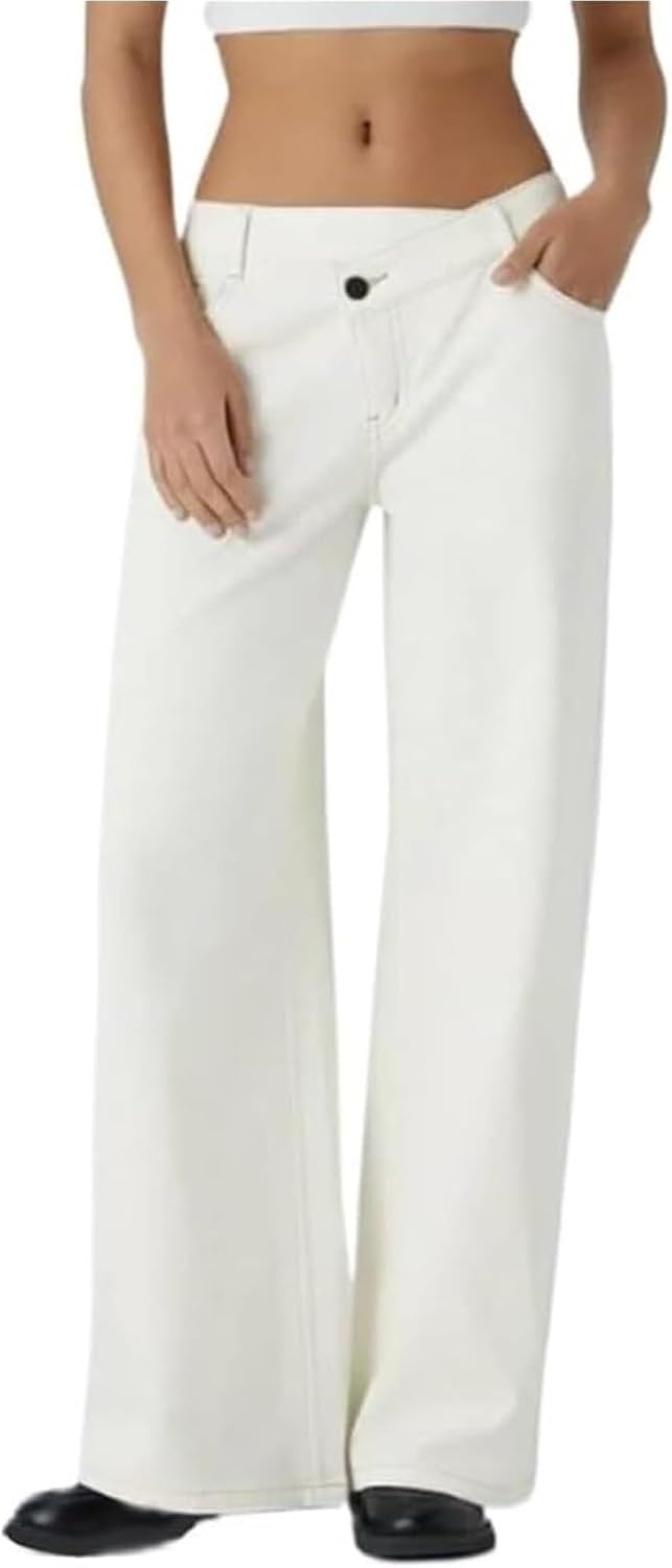 Asymmetrical Low-Rise Loose Jeans for Women, Wide Leg Baggy Straight Denim Pants