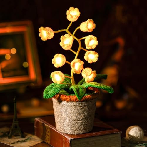 Handmade Crochet Lily of the Valley Night Light with Rattan Planter - Cordless Table Lamp