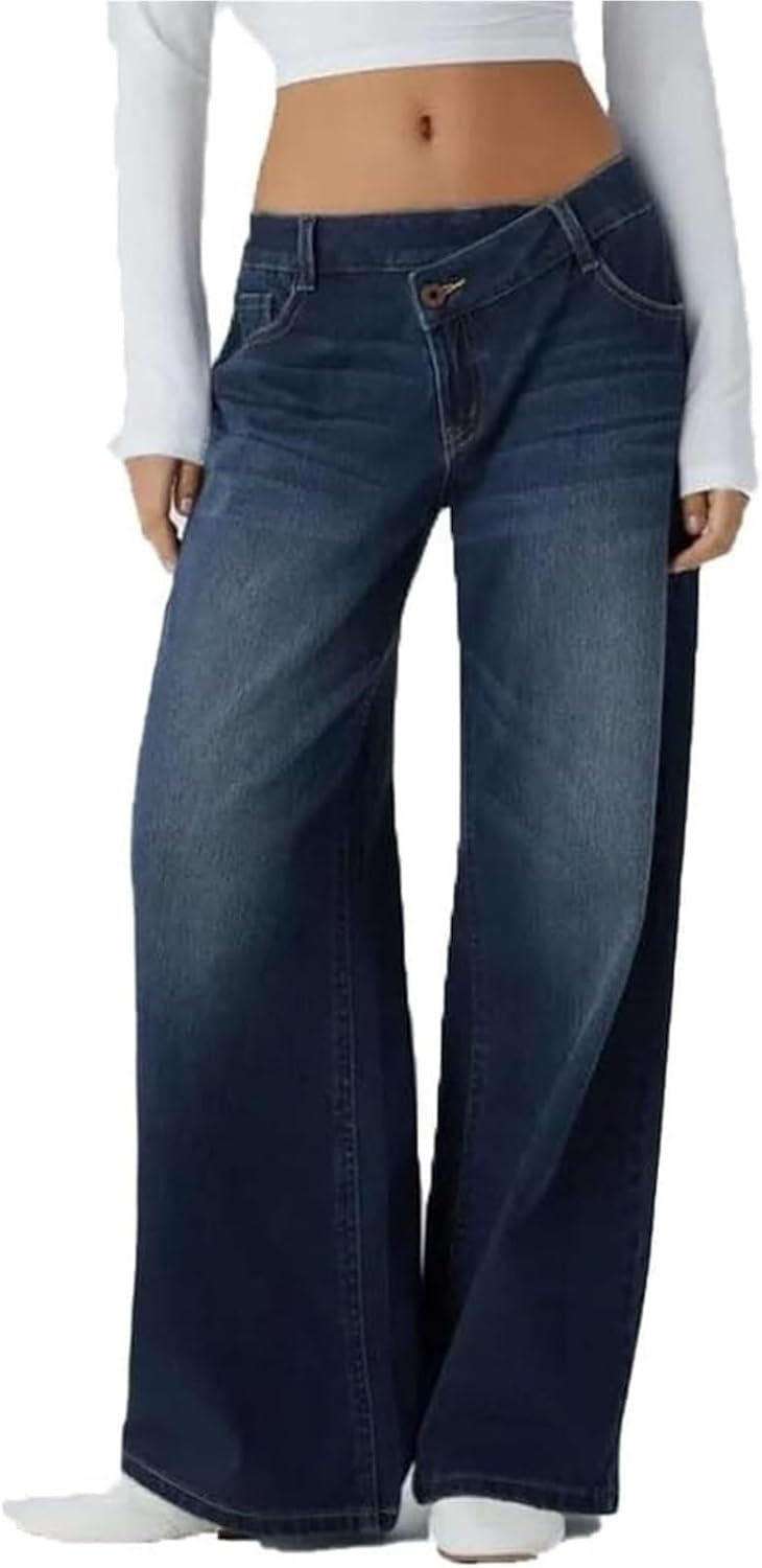 Asymmetrical Low-Rise Loose Jeans for Women, Wide Leg Baggy Straight Denim Pants