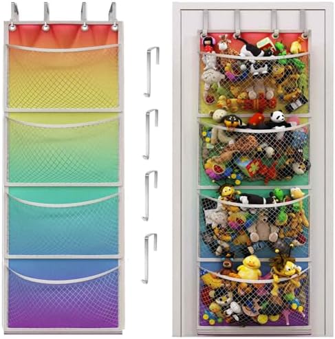 Over the Door Stuffed Animal Storage Organizer with 4 Large Mesh Pockets for Plush Toys