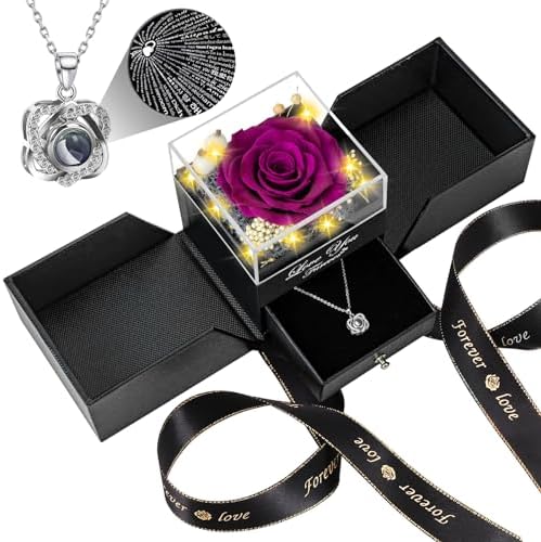 Preserved Red Rose with I Love You Necklace - Eternal Flower Gift for Women