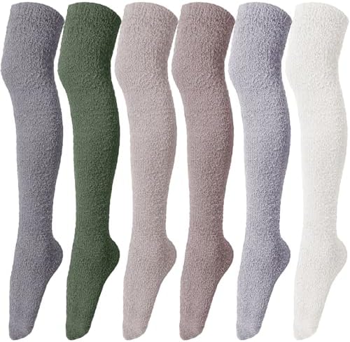 6 Pairs Women's Knee High Fuzzy Socks - Soft, Warm, Cozy Thigh High Stockings