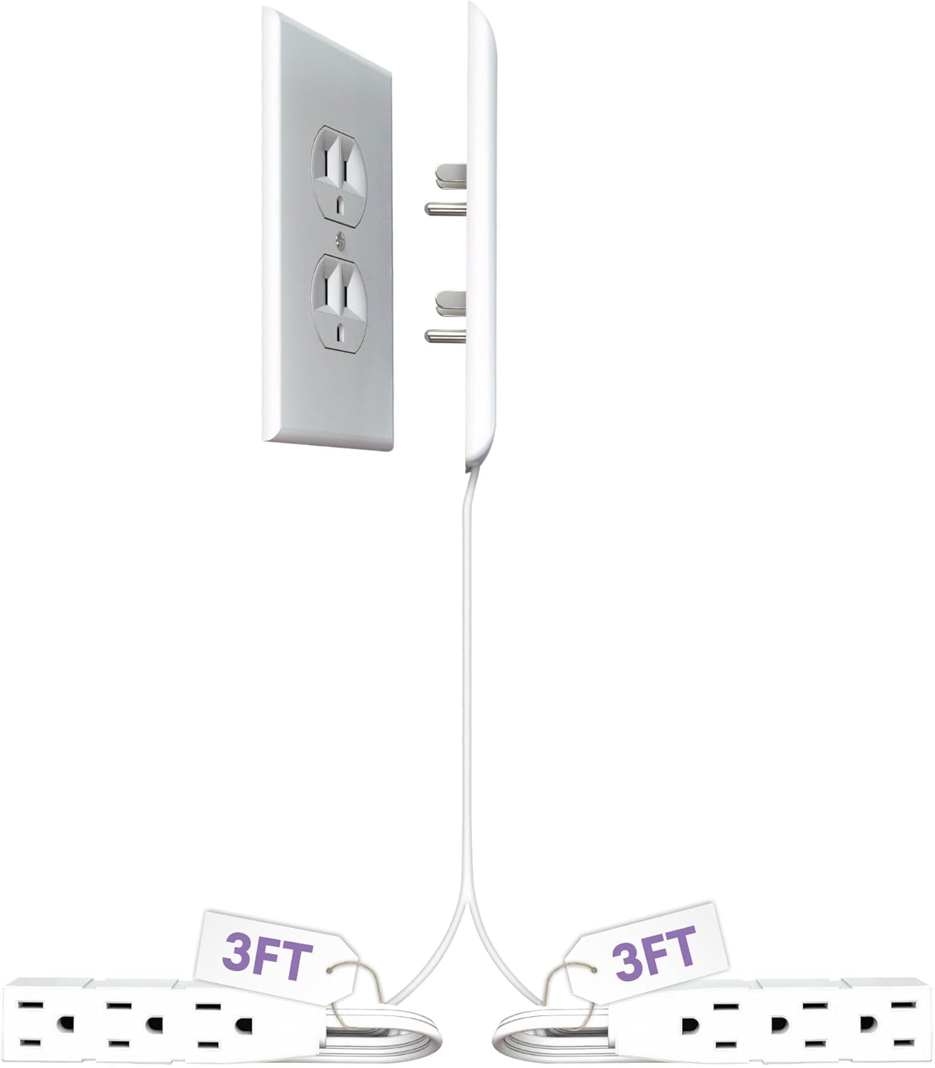 Ultra-Thin Flat Outlet Concealer with 3-Outlet Power Strip and 3ft Extension Cord Kit
