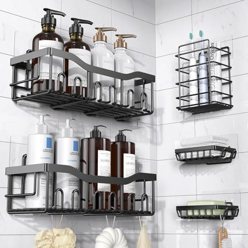 5-Pack Adhesive Shower Caddy, Rustproof Stainless Steel Bathroom Organizer with Large Capacity