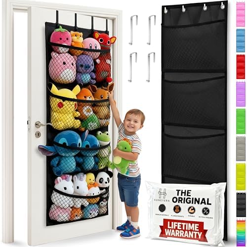 Over the Door Stuffed Animal Storage Organizer with 4 Large Mesh Pockets for Plush Toys