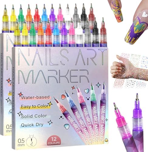 12 Colors Nail Art Pens Set with 30 Stickers, Quick Dry Acrylic Markers for DIY Dotting Drawing Painting