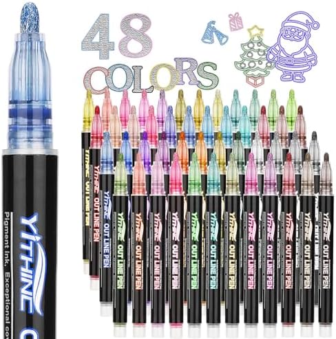 48 Colors Glitter Gel Pens Set with Outline Effect, Metallic Shimmer Markers for Arts & Crafts