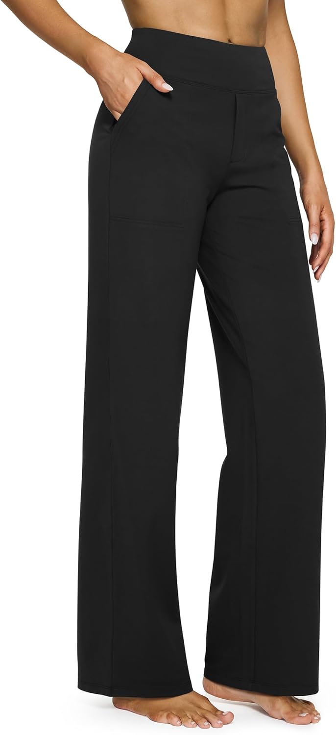 Women's High-Waist Wide Leg Yoga Pants with Pockets - Stretch Dress Sweatpants