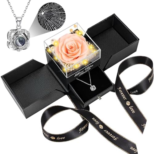 Preserved Red Rose with I Love You Necklace - Eternal Flower Gift for Women