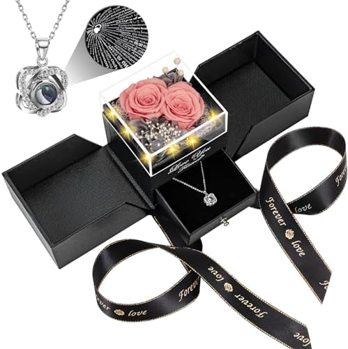 Preserved Red Rose with I Love You Necklace - Eternal Flower Gift for Women