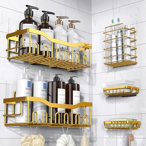 5-Pack Adhesive Shower Caddy, Rustproof Stainless Steel Bathroom Organizer with Large Capacity