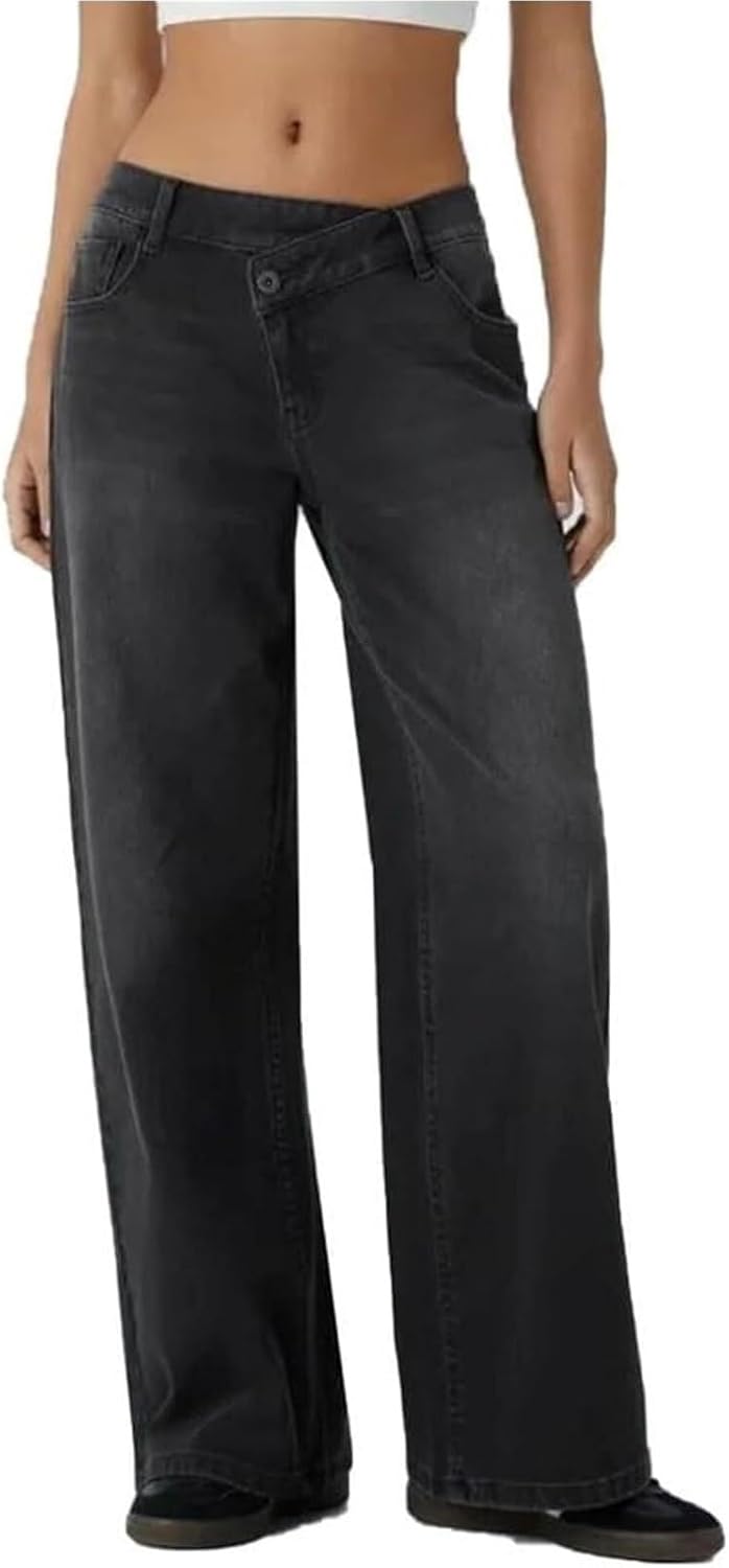 Asymmetrical Low-Rise Loose Jeans for Women, Wide Leg Baggy Straight Denim Pants