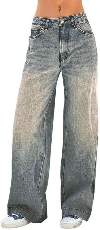 Women's Baggy Jeans Mid-Low Waist Boyfriend Vintage Wide Leg Denim Pants