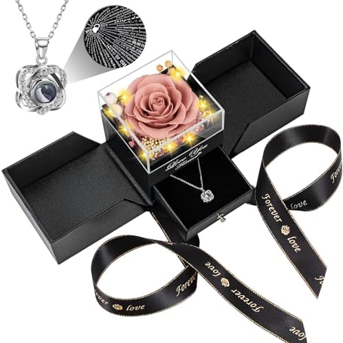Preserved Red Rose with I Love You Necklace - Eternal Flower Gift for Women