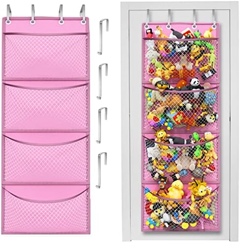 Over the Door Stuffed Animal Storage Organizer with 4 Large Mesh Pockets for Plush Toys