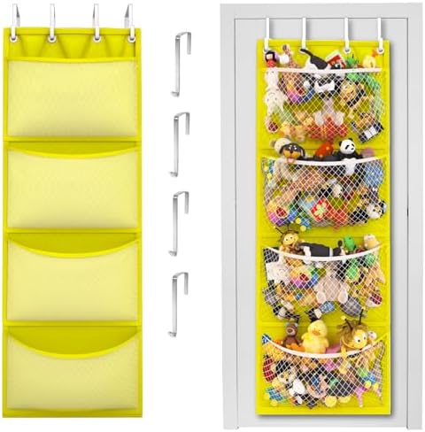 Over the Door Stuffed Animal Storage Organizer with 4 Large Mesh Pockets for Plush Toys