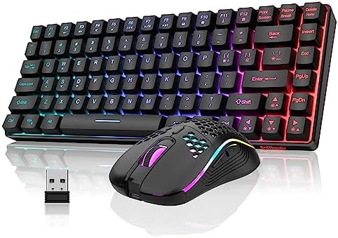 Wireless Gaming Keyboard & Mouse Combo, Rainbow Backlit Rechargeable 75% Compact Layout