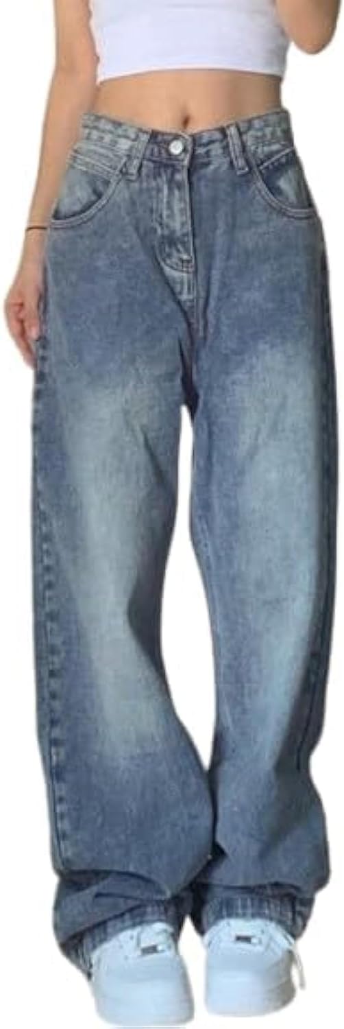 Women's Baggy Jeans Mid-Low Waist Boyfriend Vintage Wide Leg Denim Pants