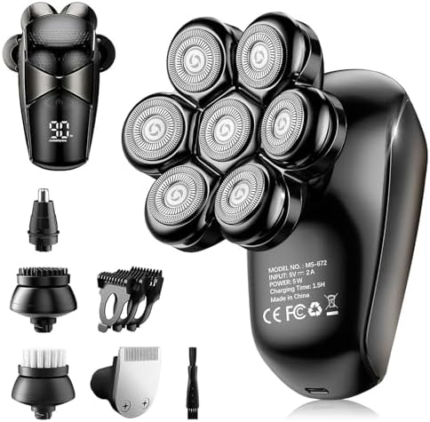 5-in-1 Electric Head Shaver for Bald Men: IPX7 Waterproof with Turbo Speed & LED Display