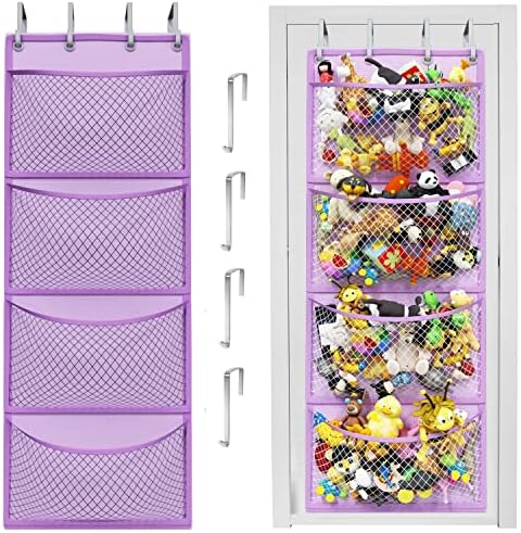 Over the Door Stuffed Animal Storage Organizer with 4 Large Mesh Pockets for Plush Toys