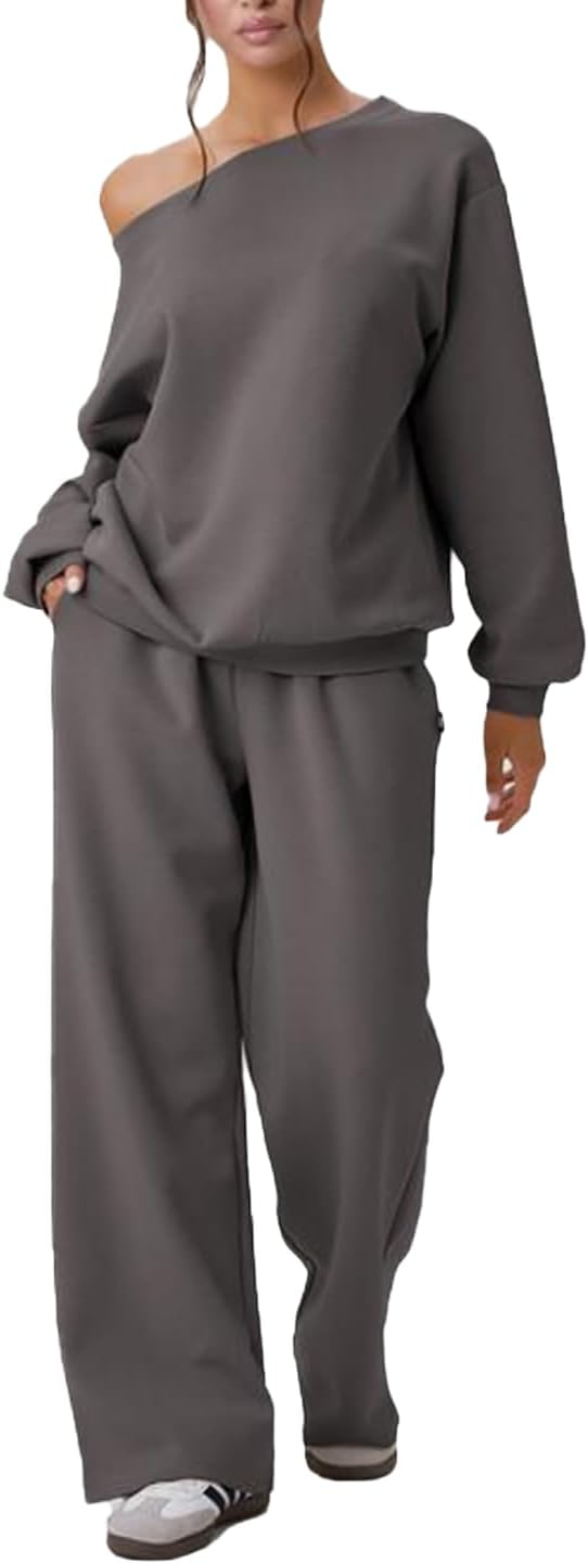 Off-Shoulder Sweatsuit Set for Women - Long Sleeve Top & Wide Leg Jogging Pants