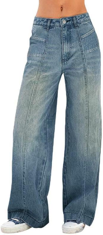 Women's Baggy Jeans Mid-Low Waist Boyfriend Vintage Wide Leg Denim Pants