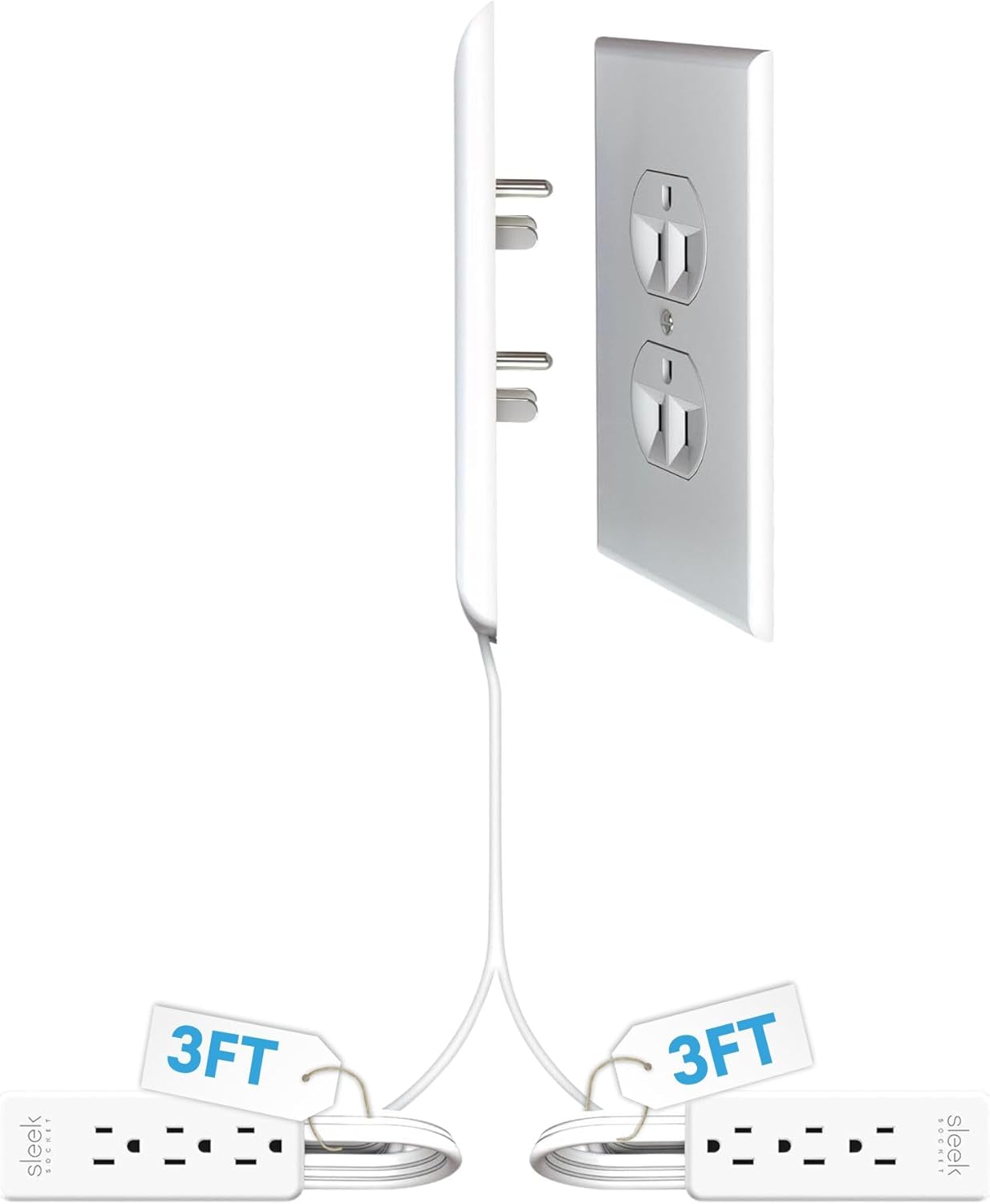 Ultra-Thin Flat Outlet Concealer with 3-Outlet Power Strip and 3ft Extension Cord Kit