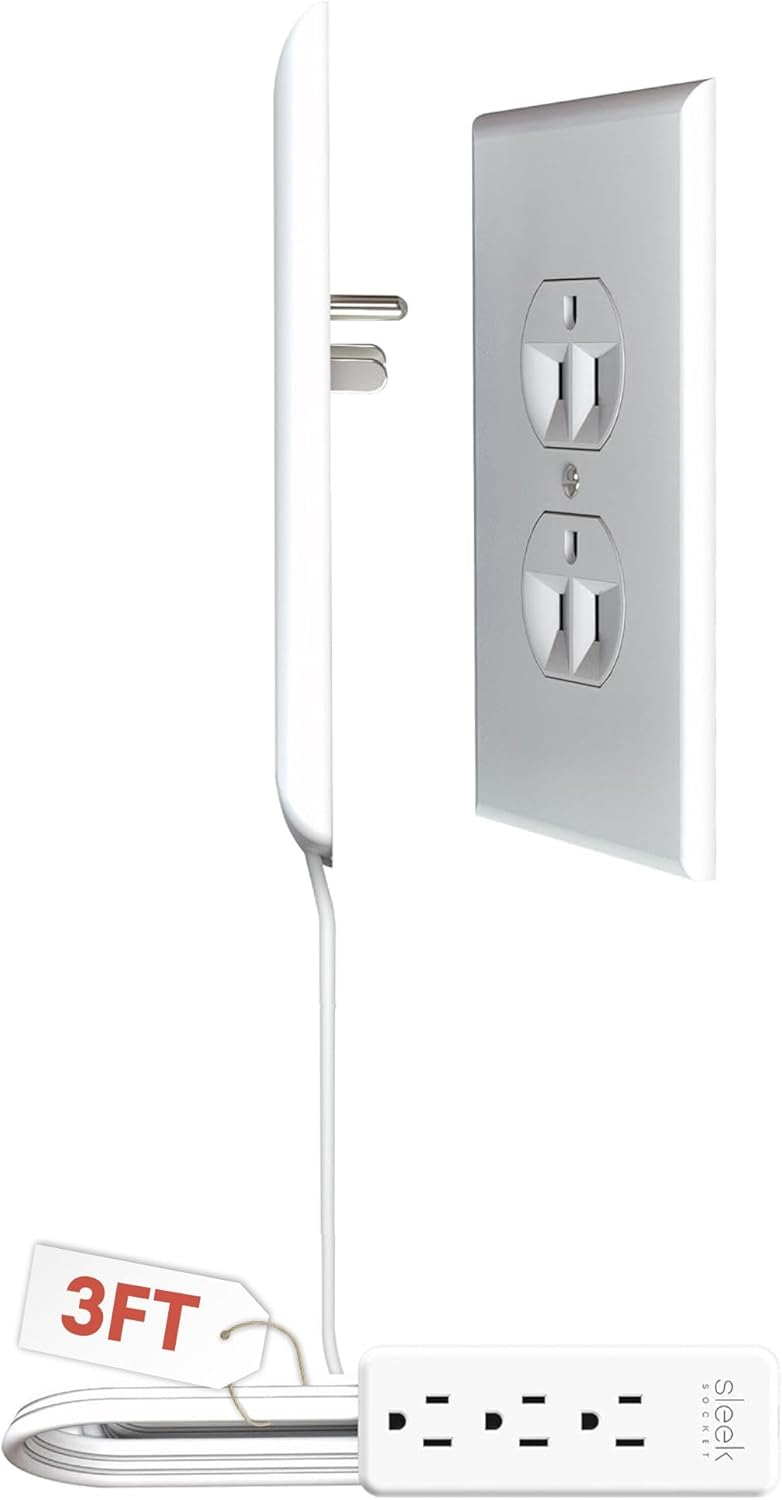 Ultra-Thin Flat Outlet Concealer with 3-Outlet Power Strip and 3ft Extension Cord Kit