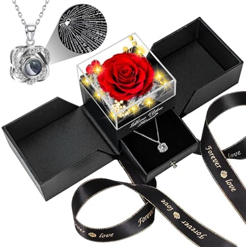 Preserved Red Rose with I Love You Necklace - Eternal Flower Gift for Women
