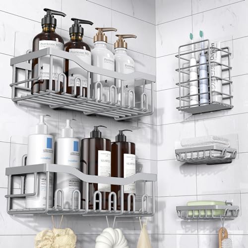 5-Pack Adhesive Shower Caddy, Rustproof Stainless Steel Bathroom Organizer with Large Capacity