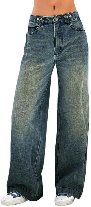 Women's Baggy Jeans Mid-Low Waist Boyfriend Vintage Wide Leg Denim Pants