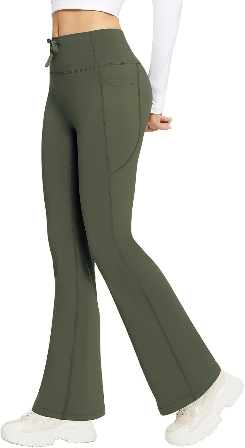 Women's Fleece Lined Bootcut Flare Leggings with Zip Pockets for Cold Weather