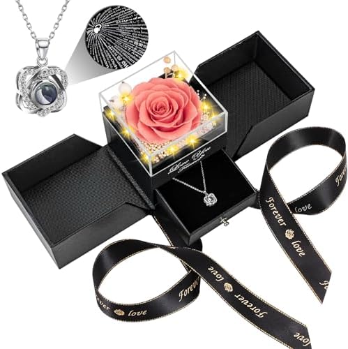 Preserved Red Rose with I Love You Necklace - Eternal Flower Gift for Women