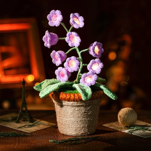 Handmade Crochet Lily of the Valley Night Light with Rattan Planter - Cordless Table Lamp