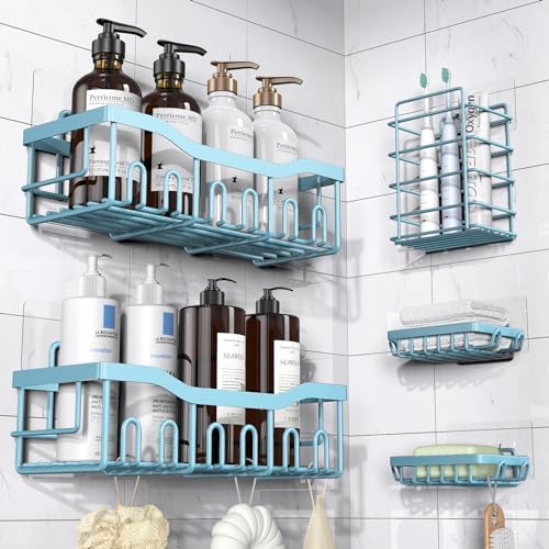 5-Pack Adhesive Shower Caddy, Rustproof Stainless Steel Bathroom Organizer with Large Capacity